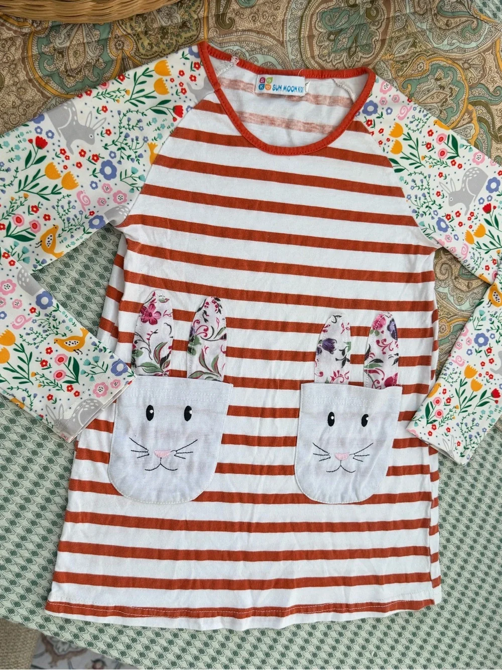 Sun Moon Kids Boutique Toddler Girl Mixed Media Long Sleeve Dress Bunnies Floral